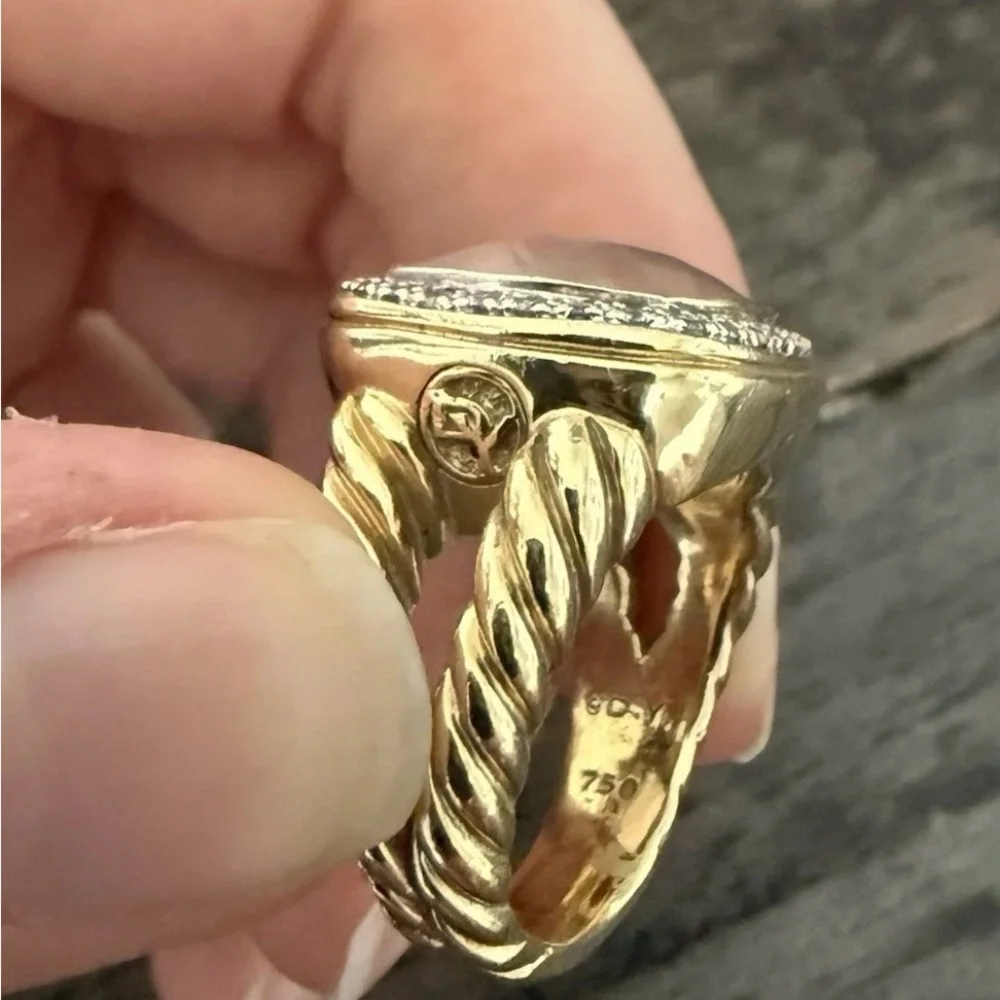 David Yurman Albion  18k Gold Ring Rose Quartz Center Diamond Halo - Size 8.25 - Picture 3 of 7
